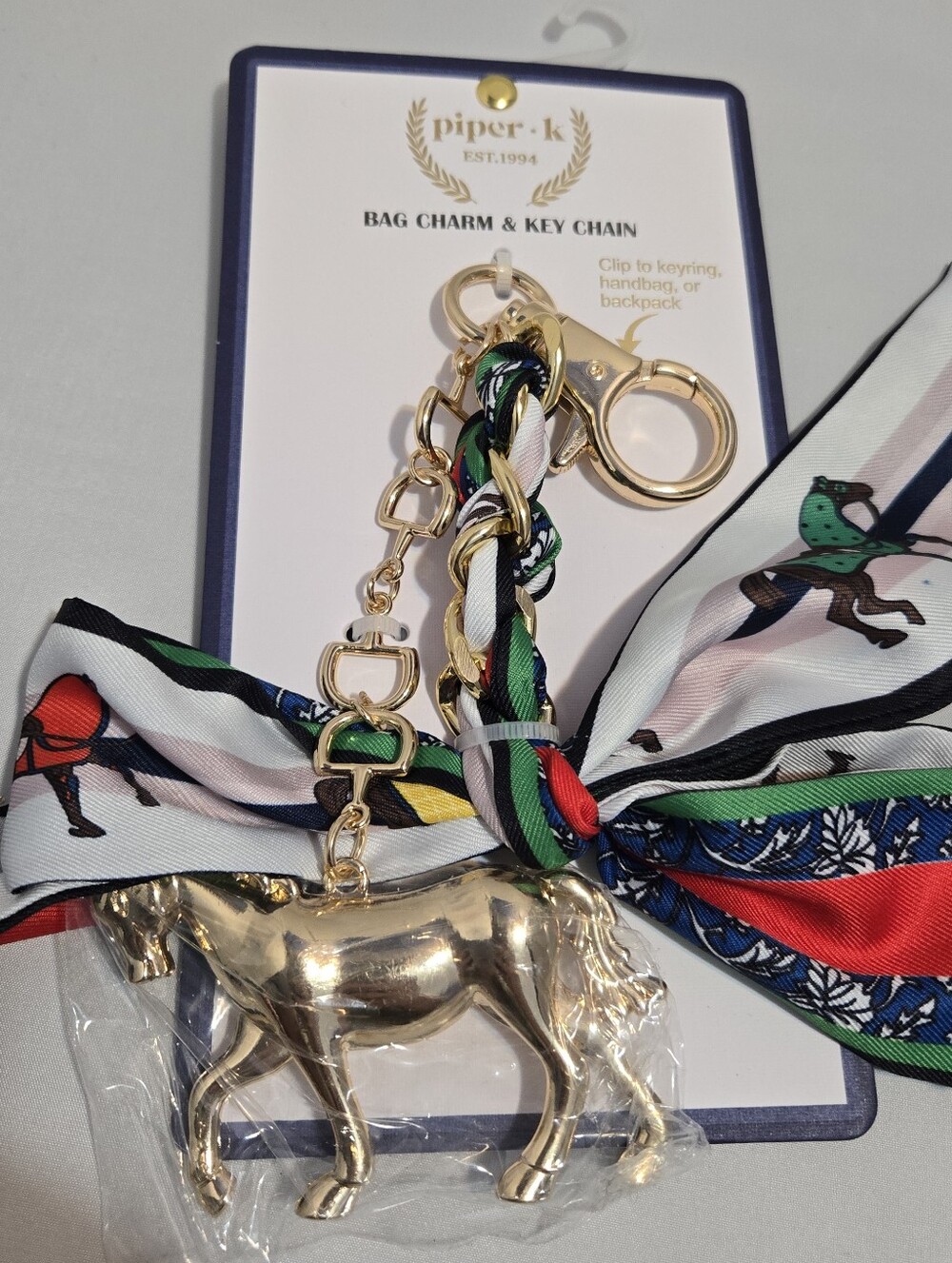 piper-k Gold Horse Bag Charm with Multi-Color Scarf Accent - Picture 5 of 6